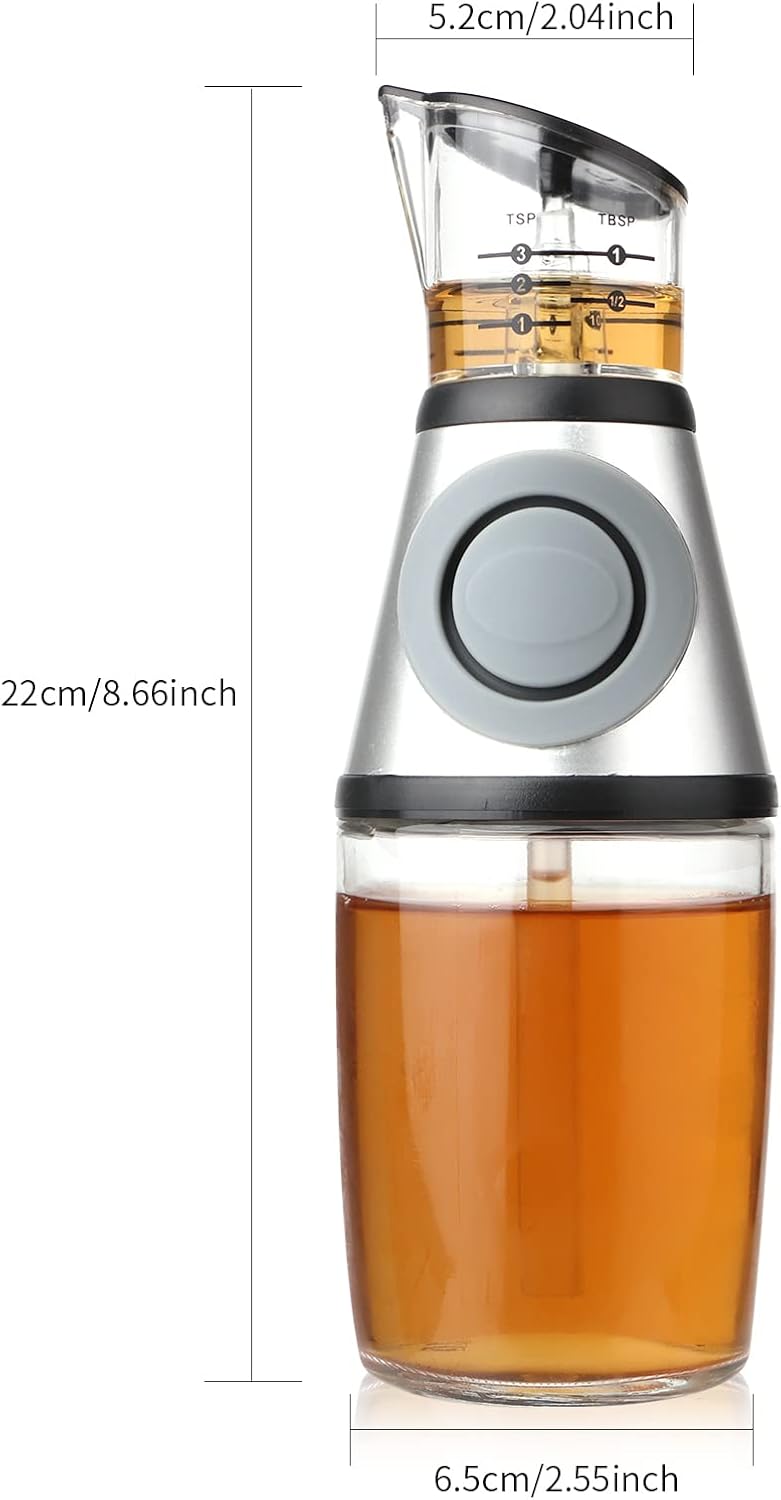 Glass Oil Bottle, 8.5 Oz Wide Mouth Kitchen Oil Dispenser with Measuring, for Cooking, Baking, Frying, Salads, BBQ, Picnics