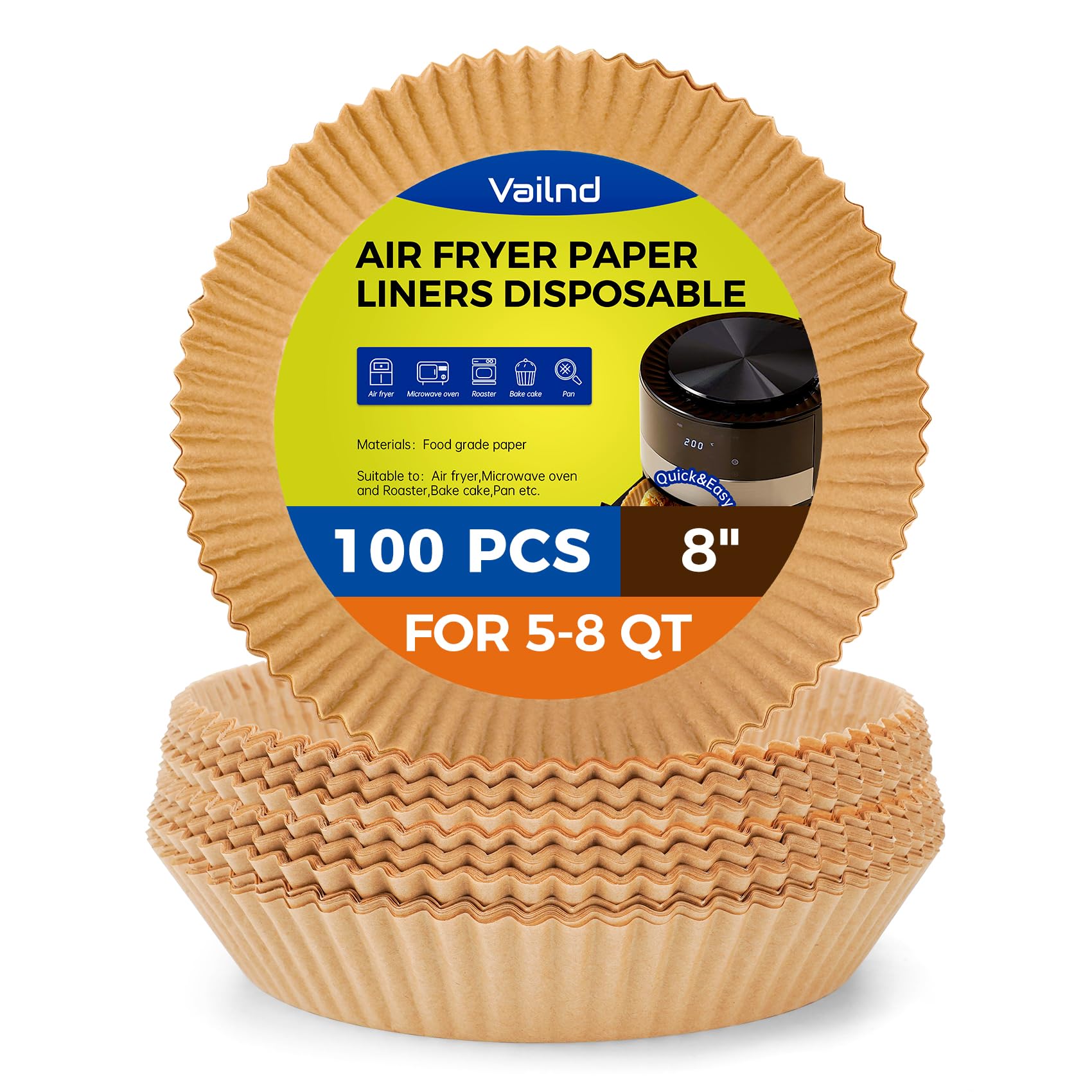 Air Fryer Paper Liners, 125Pcs Parchment Paper, Air Fryer Liners Disposable for Microwave, Non-Stick Air Fryer Liner Square Free of Bleach (8IN)