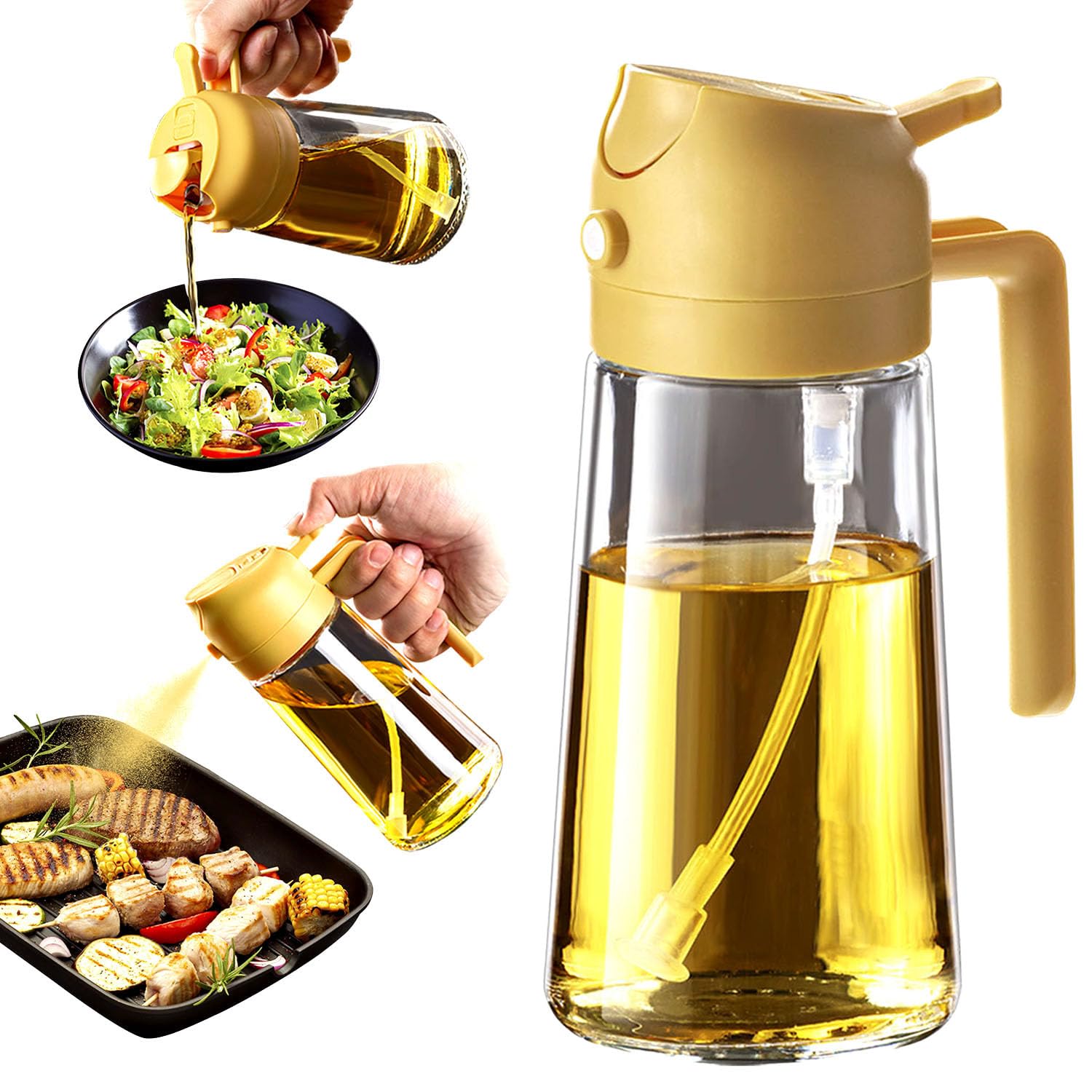 TrendPlain 16oz/470ml Glass Olive Oil Sprayer for Cooking - 2 in 1 Olive Oil Dispenser for Kitchen Gadgets, Air Fryer, Salad, and BBQ - Black