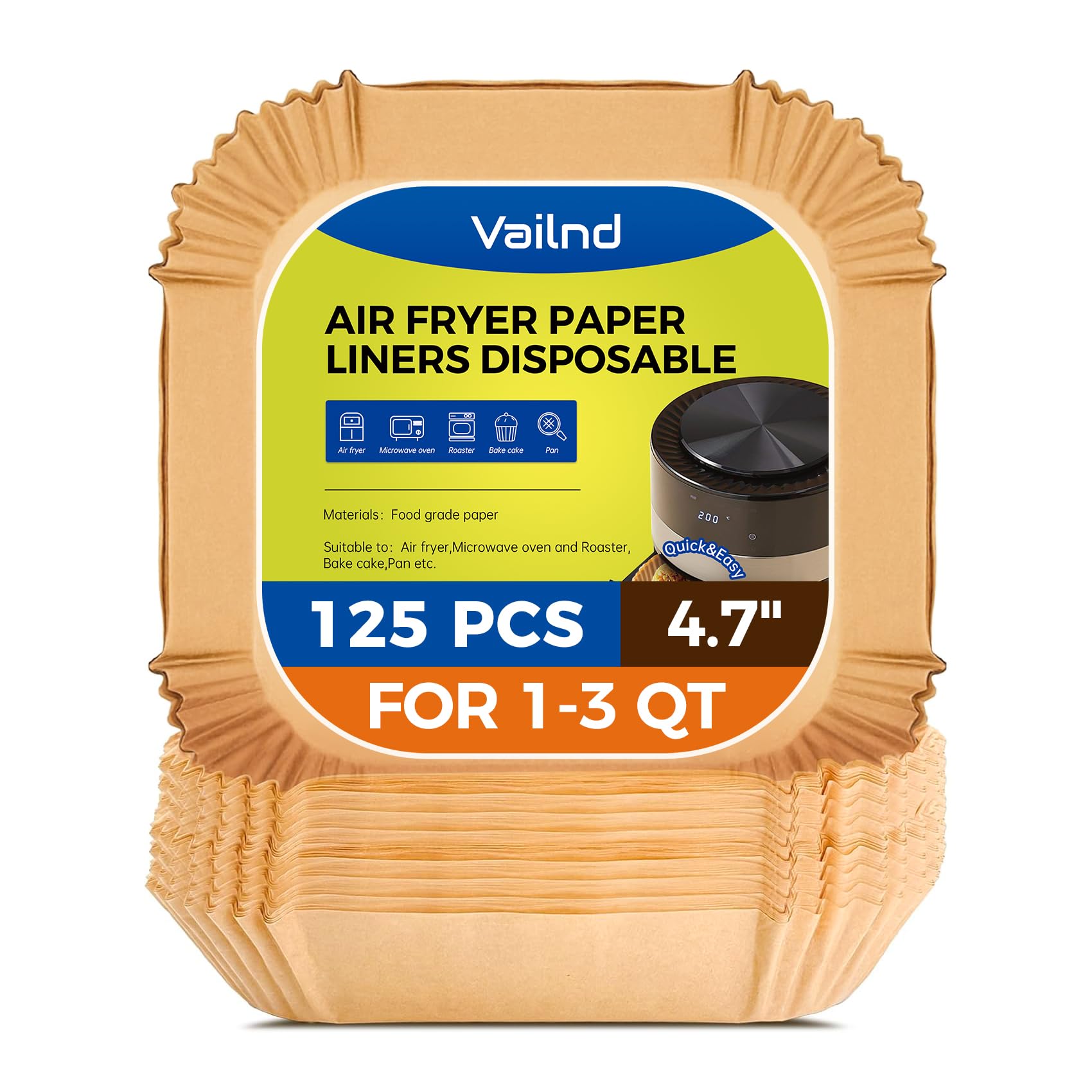 Air Fryer Paper Liners, 125Pcs Parchment Paper, Air Fryer Liners Disposable for Microwave, Non-Stick Air Fryer Liner Square Free of Bleach (8IN)