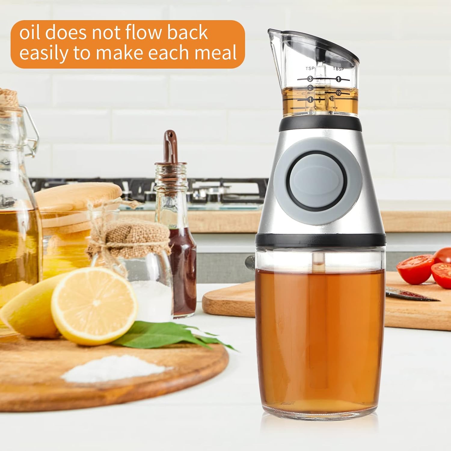 Glass Oil Bottle, 8.5 Oz Wide Mouth Kitchen Oil Dispenser with Measuring, for Cooking, Baking, Frying, Salads, BBQ, Picnics