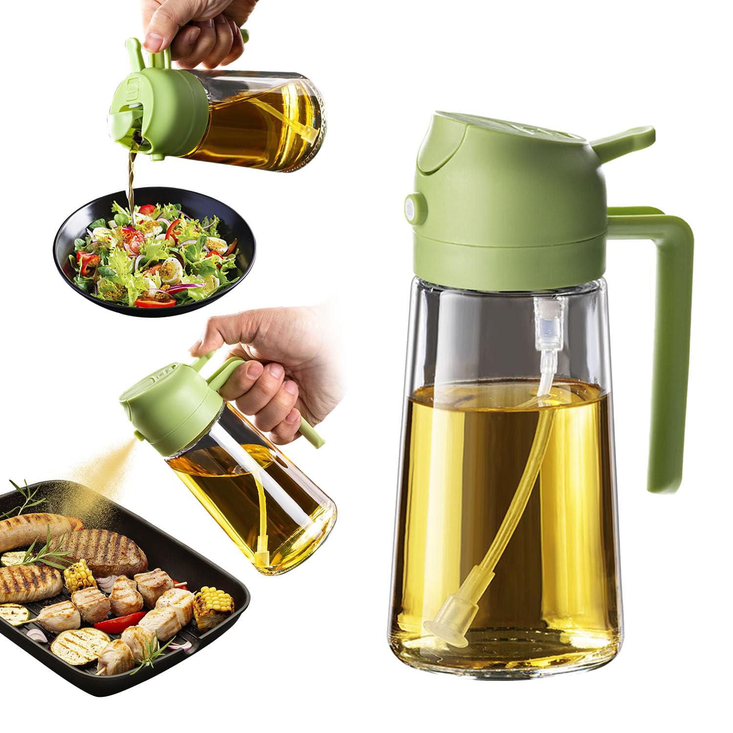 TrendPlain 16oz/470ml Glass Olive Oil Sprayer for Cooking - 2 in 1 Olive Oil Dispenser for Kitchen Gadgets, Air Fryer, Salad, and BBQ - Black