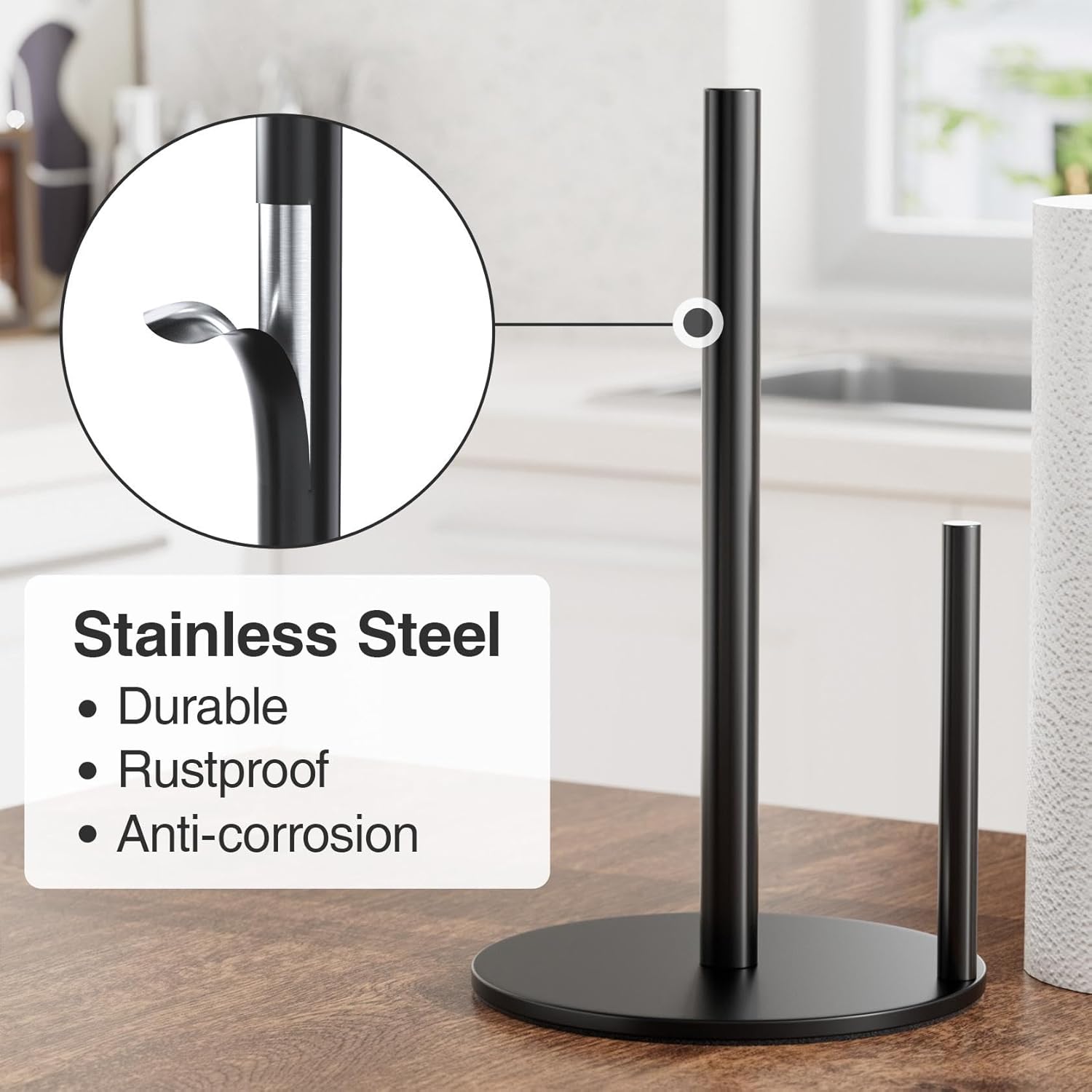 Paper Towel Holder Black Kitchen Roll Holder, Premium Stainless Steel Paper Towel Holder for Kitchen Roll Organize, Countertop Roll Dispenser with Weighted Base