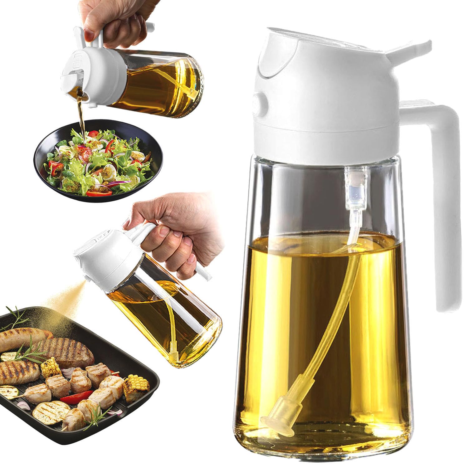 TrendPlain 16oz/470ml Glass Olive Oil Sprayer for Cooking - 2 in 1 Olive Oil Dispenser for Kitchen Gadgets, Air Fryer, Salad, and BBQ - Black