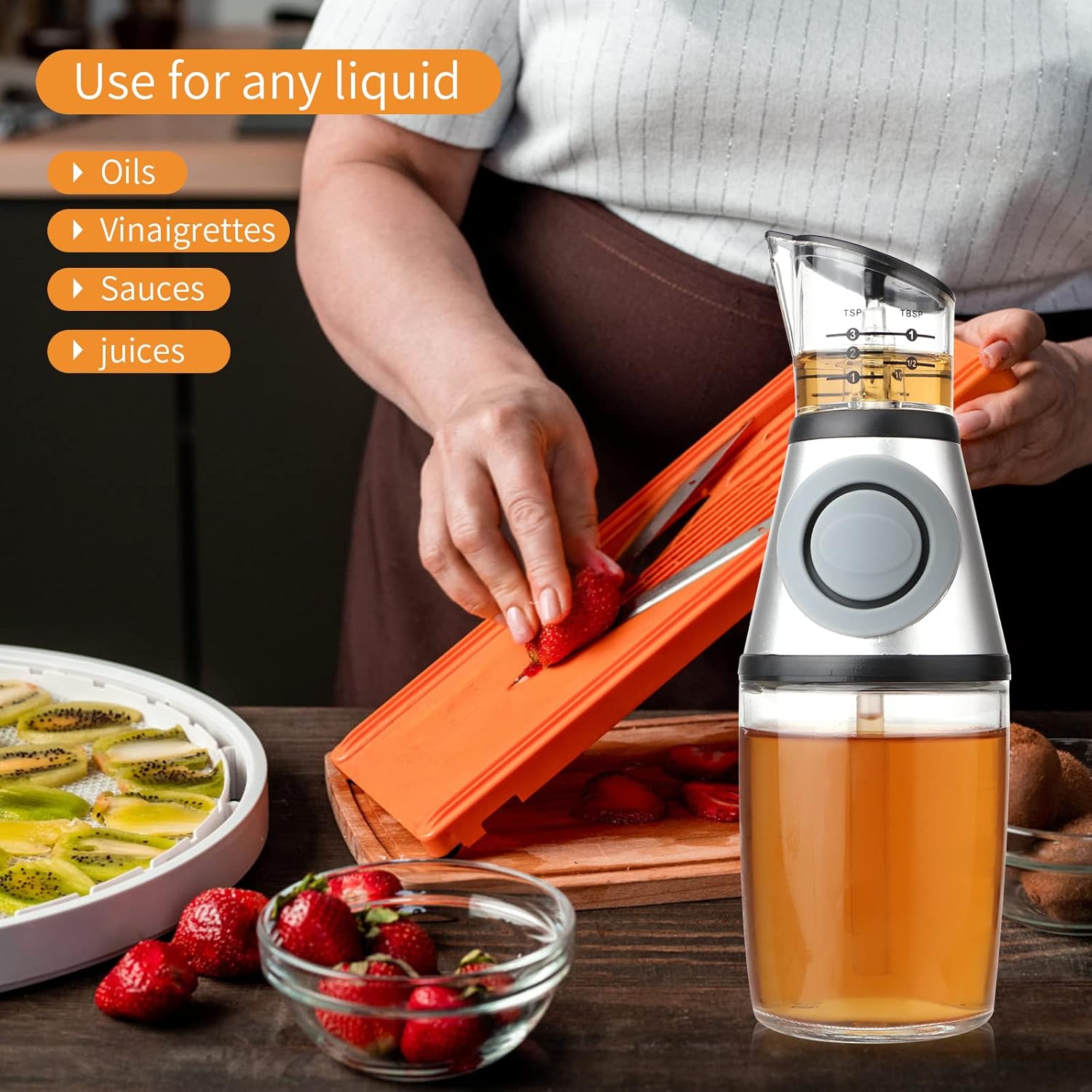 Glass Oil Bottle, 8.5 Oz Wide Mouth Kitchen Oil Dispenser with Measuring, for Cooking, Baking, Frying, Salads, BBQ, Picnics