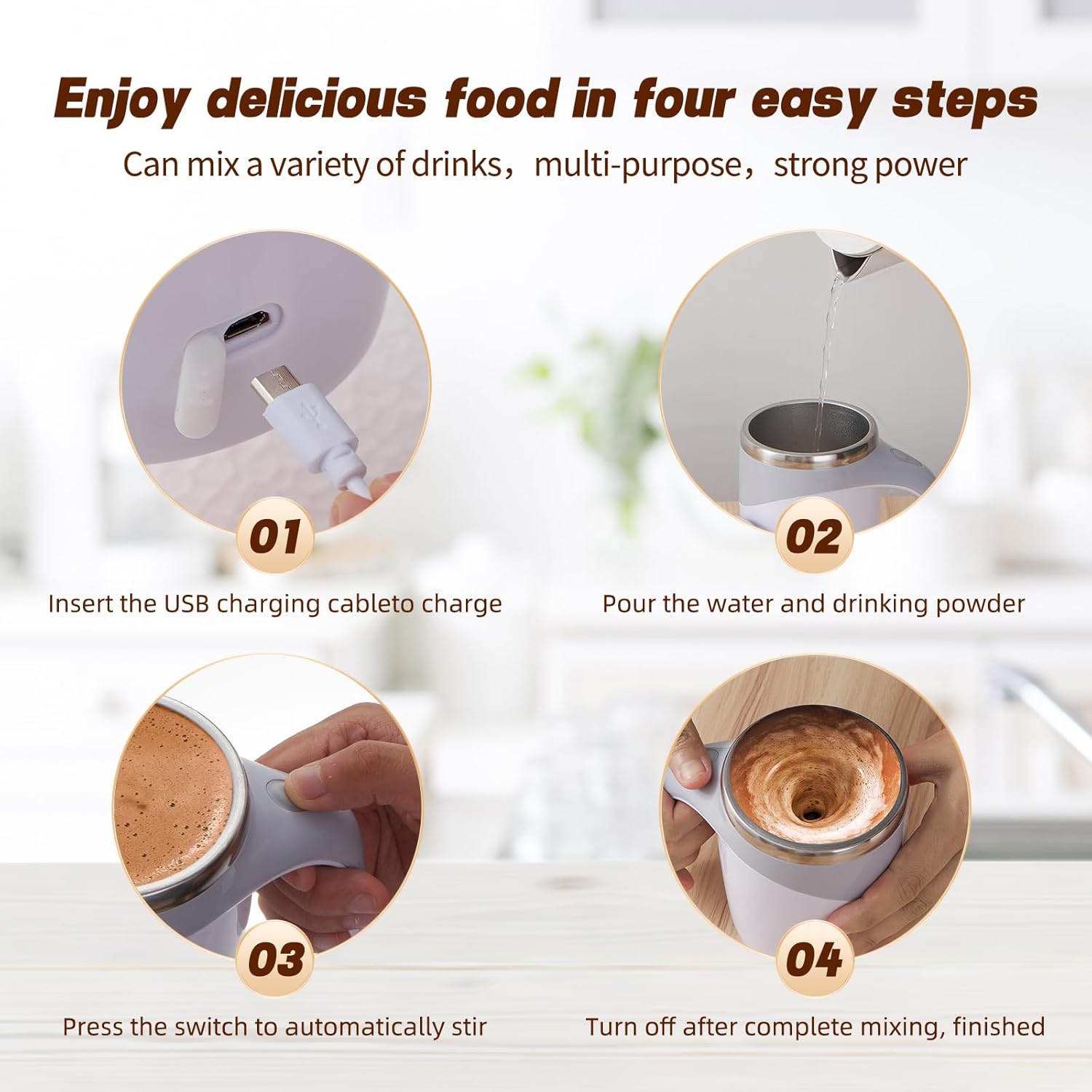 Automatic Stirring Coffee Mug, Rechargeable Automatic Stirring Coffee Mug, Electric Fun Automatic Stirring Mug, Stainless Steel Travel Coffee Mug for Office Use (White)