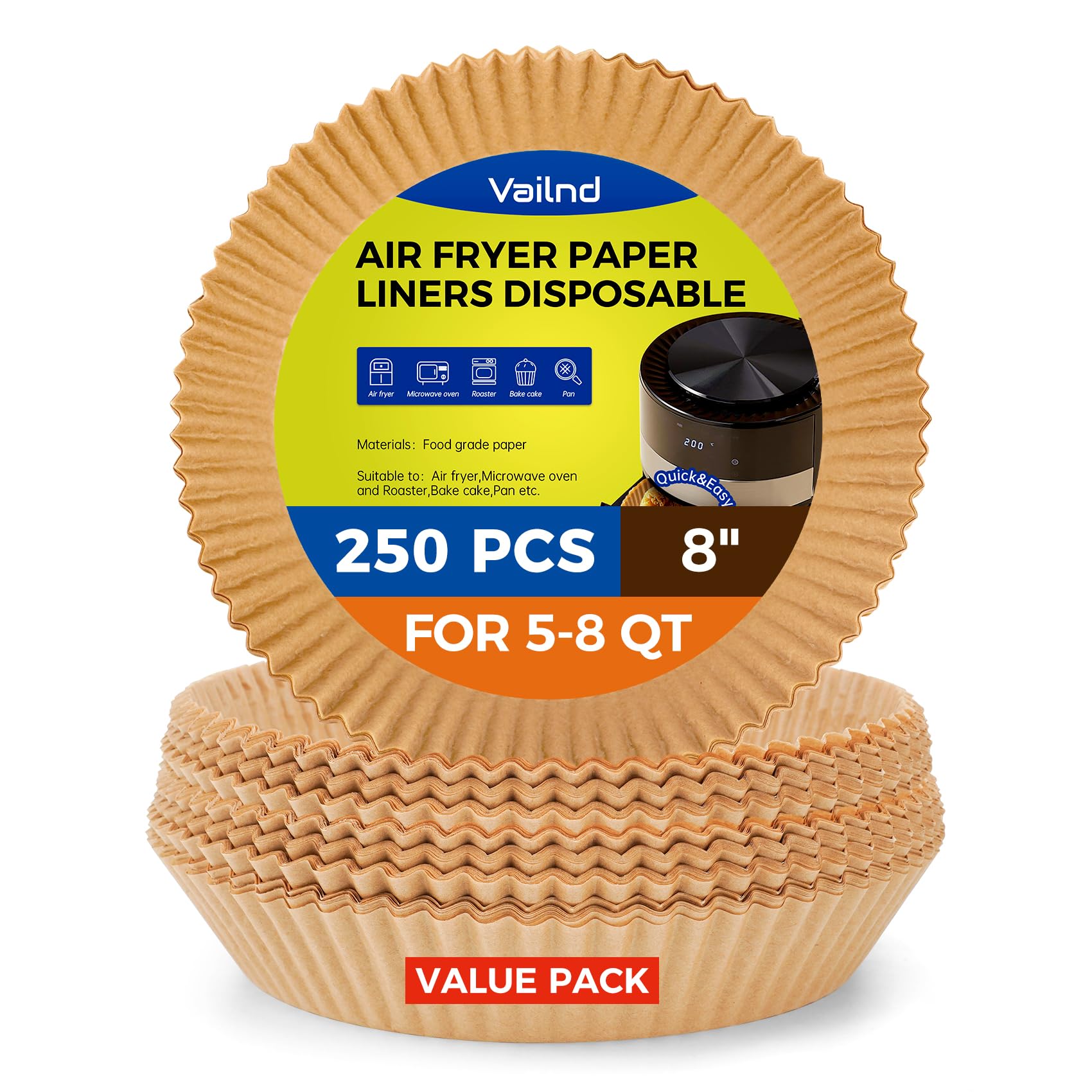 Air Fryer Paper Liners, 125Pcs Parchment Paper, Air Fryer Liners Disposable for Microwave, Non-Stick Air Fryer Liner Square Free of Bleach (8IN)