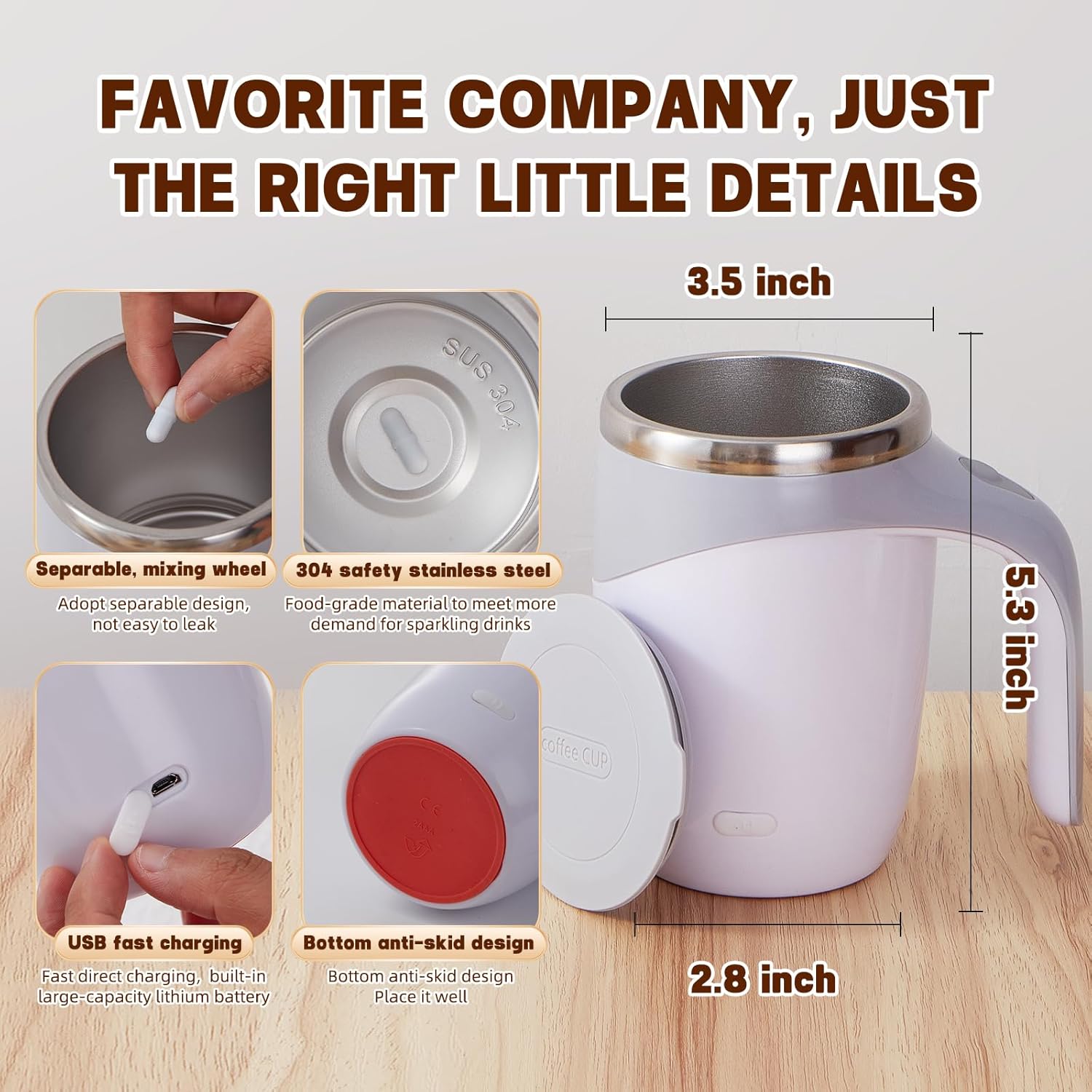Automatic Stirring Coffee Mug, Rechargeable Automatic Stirring Coffee Mug, Electric Fun Automatic Stirring Mug, Stainless Steel Travel Coffee Mug for Office Use (White)