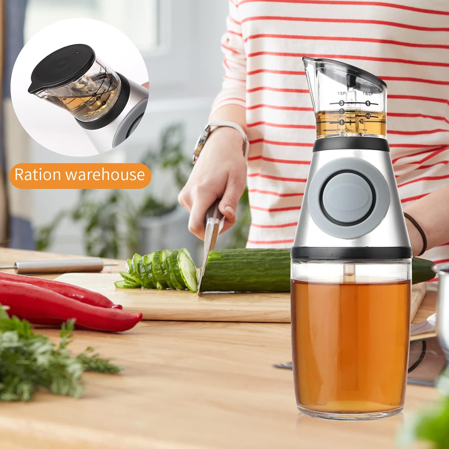Glass Oil Bottle, 8.5 Oz Wide Mouth Kitchen Oil Dispenser with Measuring, for Cooking, Baking, Frying, Salads, BBQ, Picnics