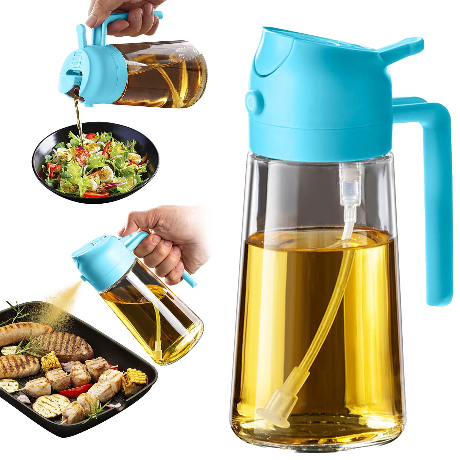 TrendPlain 16oz/470ml Glass Olive Oil Sprayer for Cooking - 2 in 1 Olive Oil Dispenser for Kitchen Gadgets, Air Fryer, Salad, and BBQ - Black
