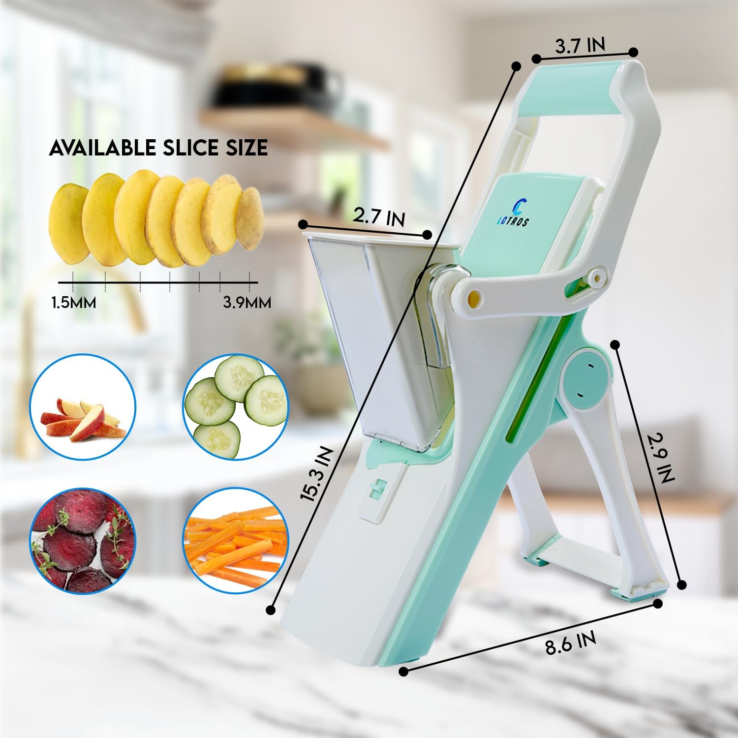 Upgraded Safe Mandoline Slicer for kitchen - Versatile Vegetable Slicer & Chopper with Adjustable Thickness, Easy-to-Clean, Premium Stainless-Steel Blades, Ideal for Onions, Zucchini, Potatoes (Green)