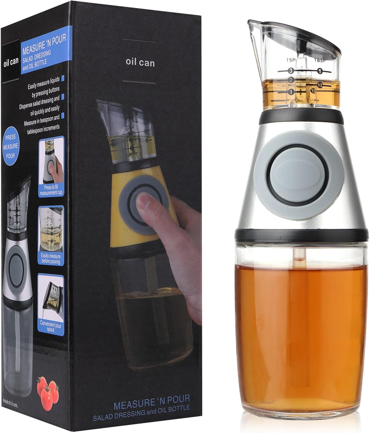 Glass Oil Bottle, 8.5 Oz Wide Mouth Kitchen Oil Dispenser with Measuring, for Cooking, Baking, Frying, Salads, BBQ, Picnics