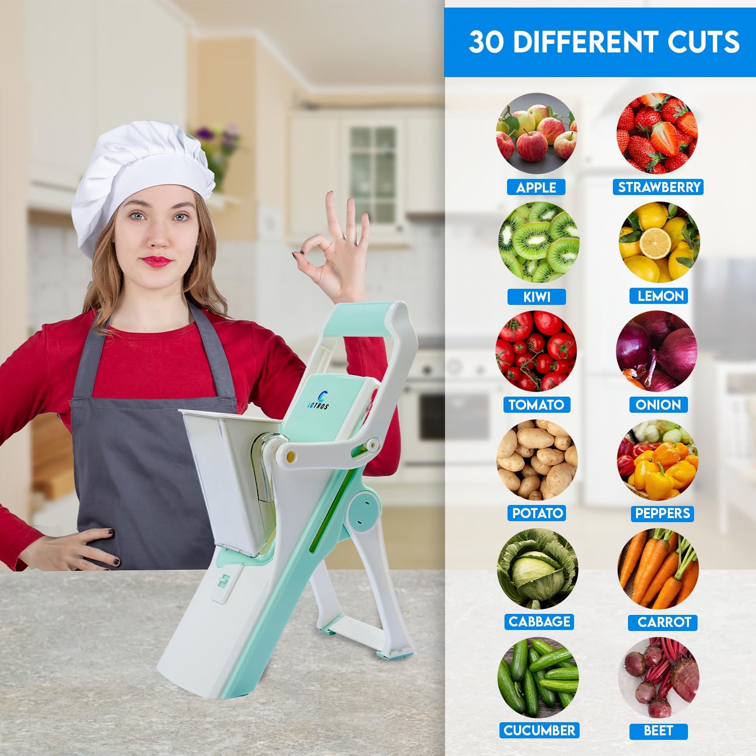 Upgraded Safe Mandoline Slicer for kitchen - Versatile Vegetable Slicer & Chopper with Adjustable Thickness, Easy-to-Clean, Premium Stainless-Steel Blades, Ideal for Onions, Zucchini, Potatoes (Green)