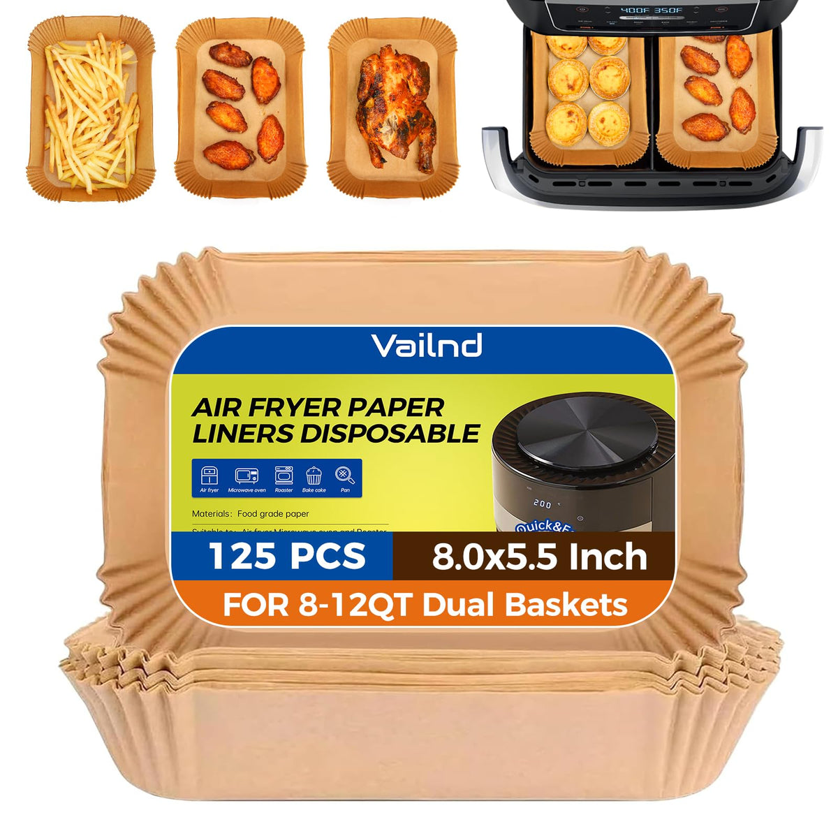 Air Fryer Paper Liners, 125Pcs Parchment Paper, Air Fryer Liners Disposable for Microwave, Non-Stick Air Fryer Liner Square Free of Bleach (8IN)