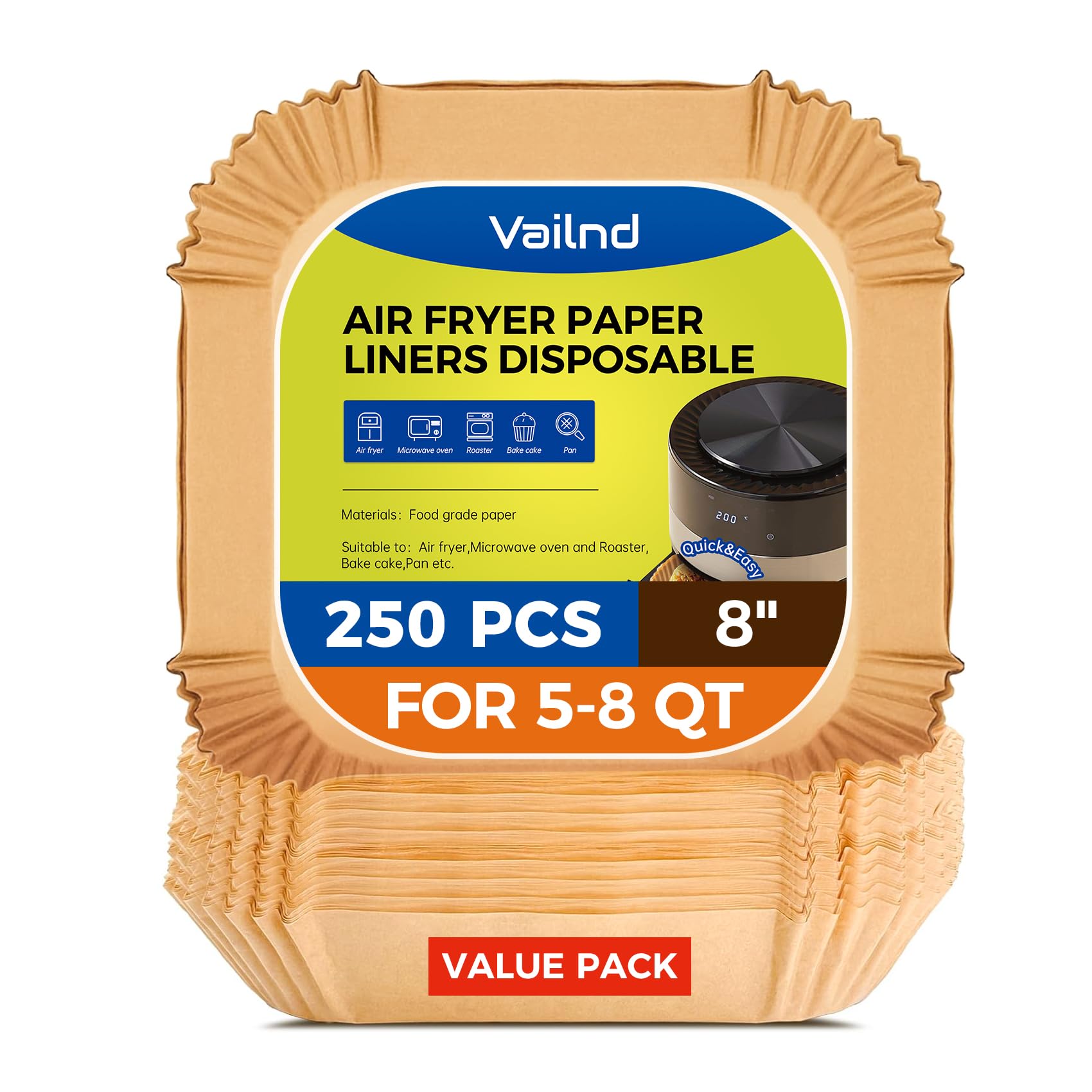 Air Fryer Paper Liners, 125Pcs Parchment Paper, Air Fryer Liners Disposable for Microwave, Non-Stick Air Fryer Liner Square Free of Bleach (8IN)