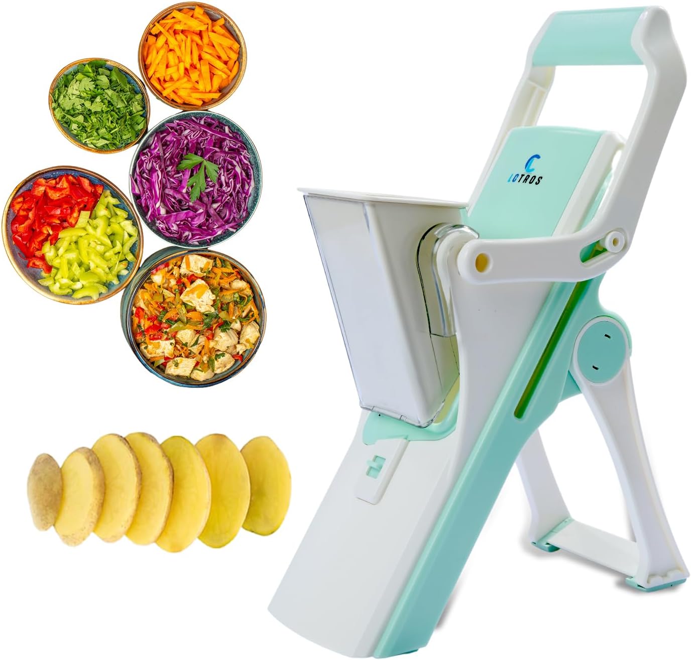 Upgraded Safe Mandoline Slicer for kitchen - Versatile Vegetable Slicer & Chopper with Adjustable Thickness, Easy-to-Clean, Premium Stainless-Steel Blades, Ideal for Onions, Zucchini, Potatoes (Green)