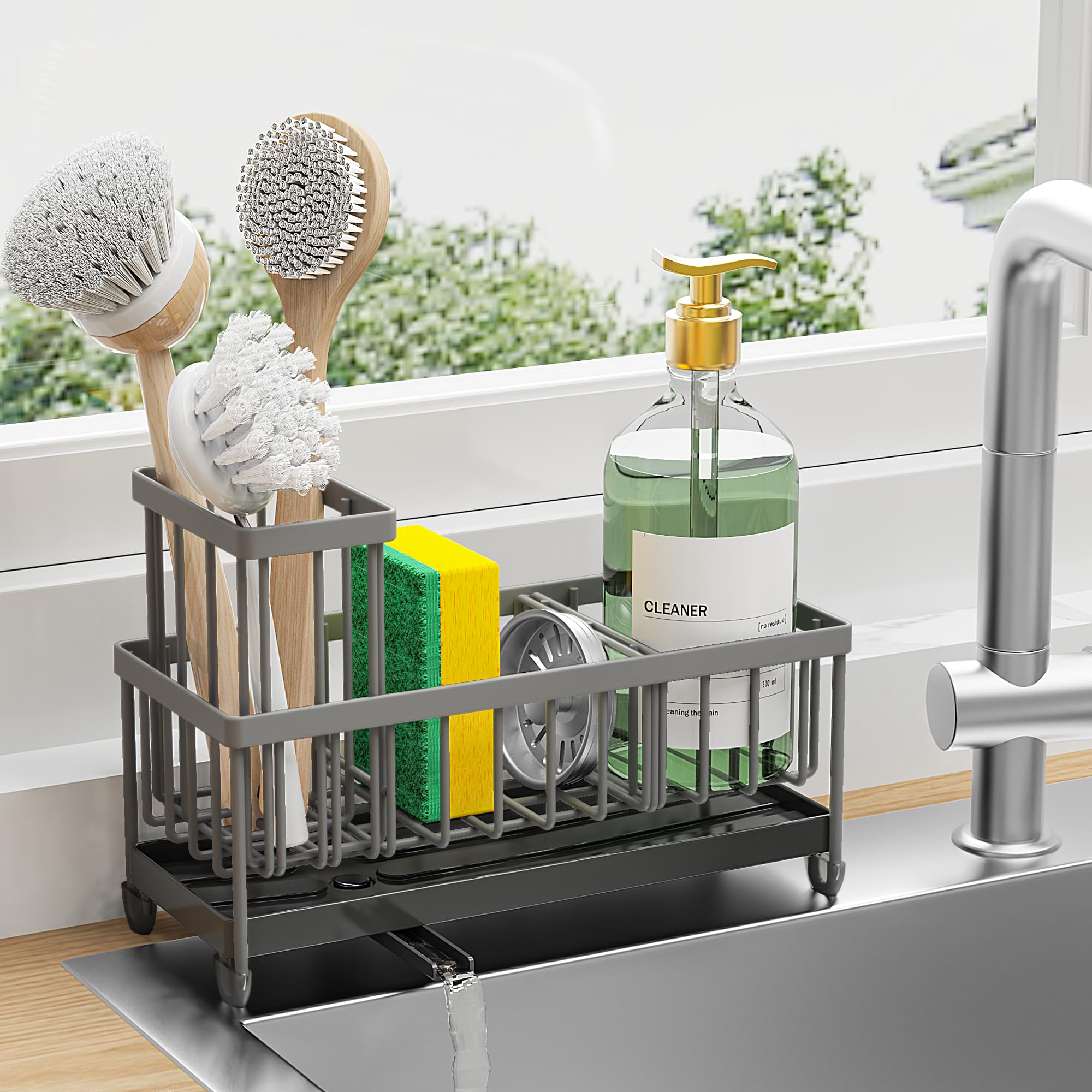 Cisily Black Sponge Holder for Kitchen Sink, Sink Caddy Organizer with High Brush Holder, Kitchen Countertop Organizers and Storage Essentials, Rustproof 304 Stainless Steel, Soap Dispenser Organize