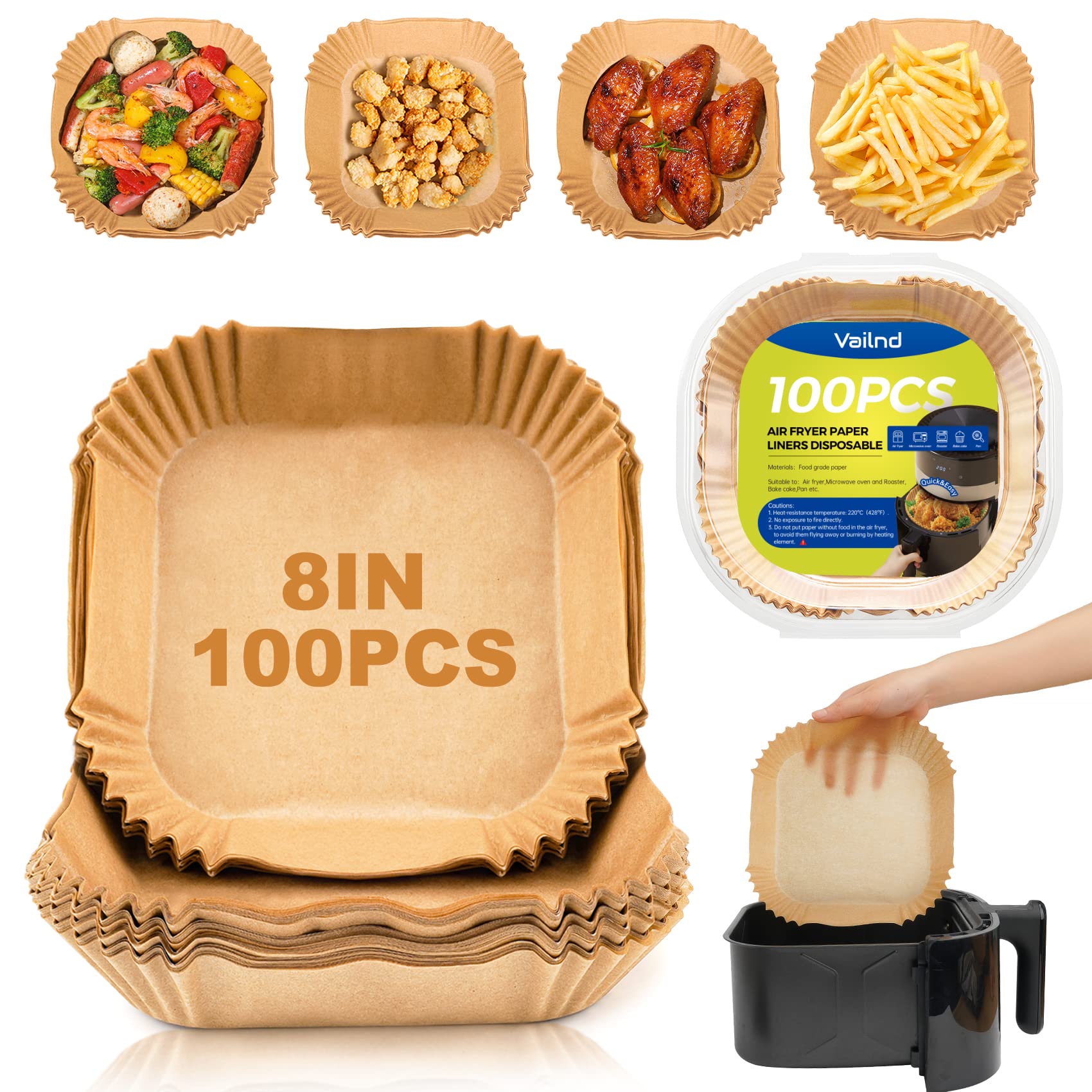 Air Fryer Paper Liners, 125Pcs Parchment Paper, Air Fryer Liners Disposable for Microwave, Non-Stick Air Fryer Liner Square Free of Bleach (8IN)