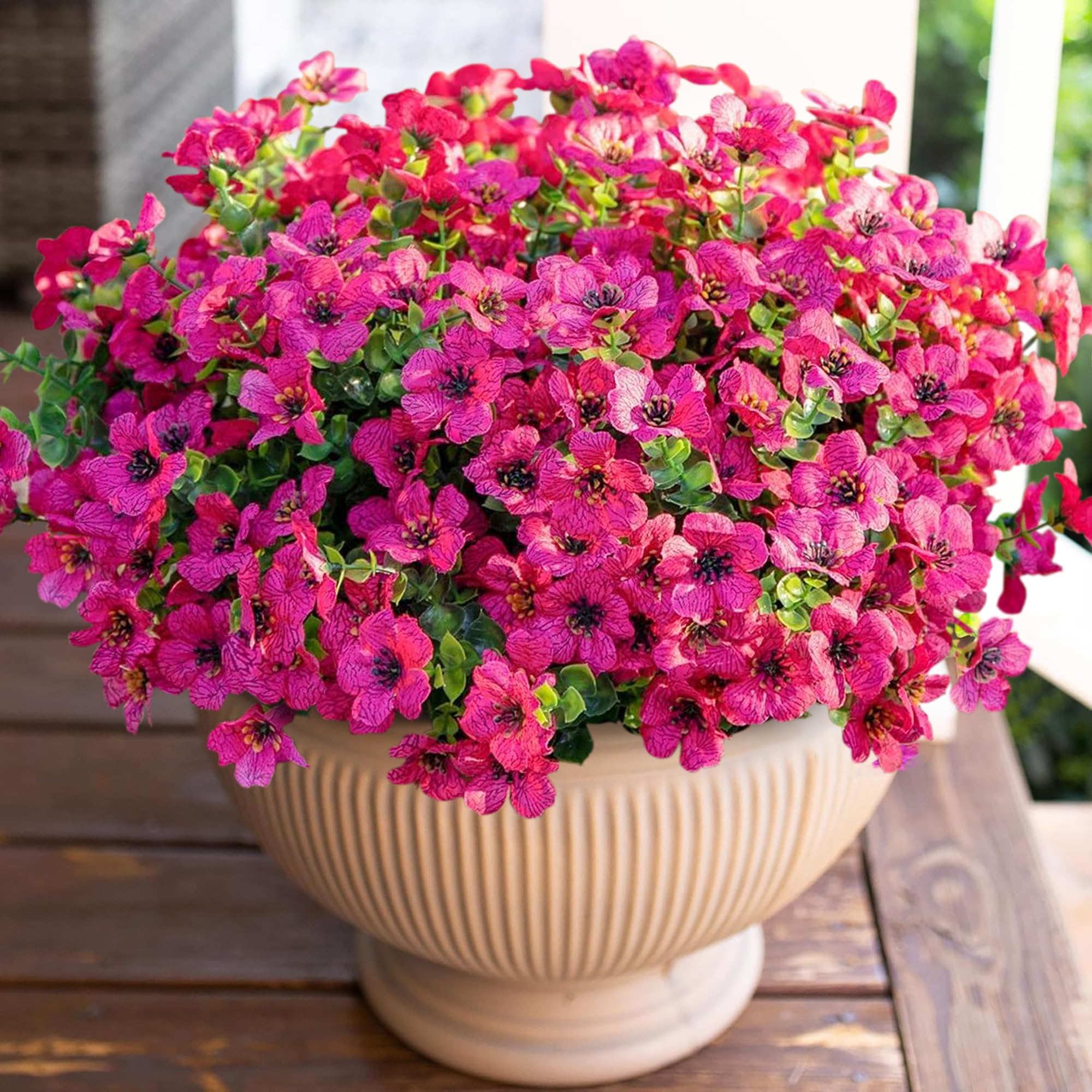 Artificial Flowers for Outdoor Indoor Garden Home Decoration, Faux Flower Daisy with Eucalyptus Leaves Fake Plants Greenery Boxwood Porch Patio, 12 Bundles (Mix Pink Red Purple Yellow)