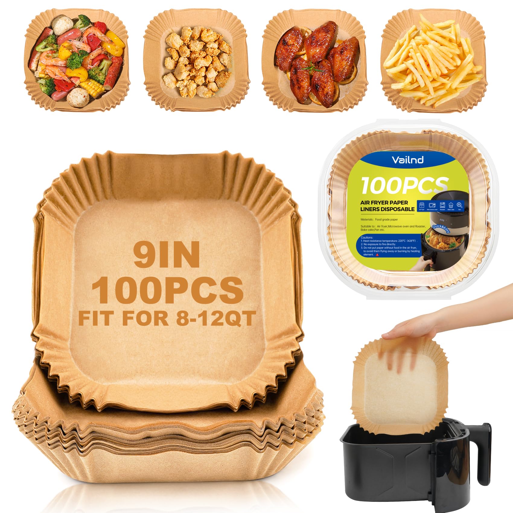 Air Fryer Paper Liners, 125Pcs Parchment Paper, Air Fryer Liners Disposable for Microwave, Non-Stick Air Fryer Liner Square Free of Bleach (8IN)