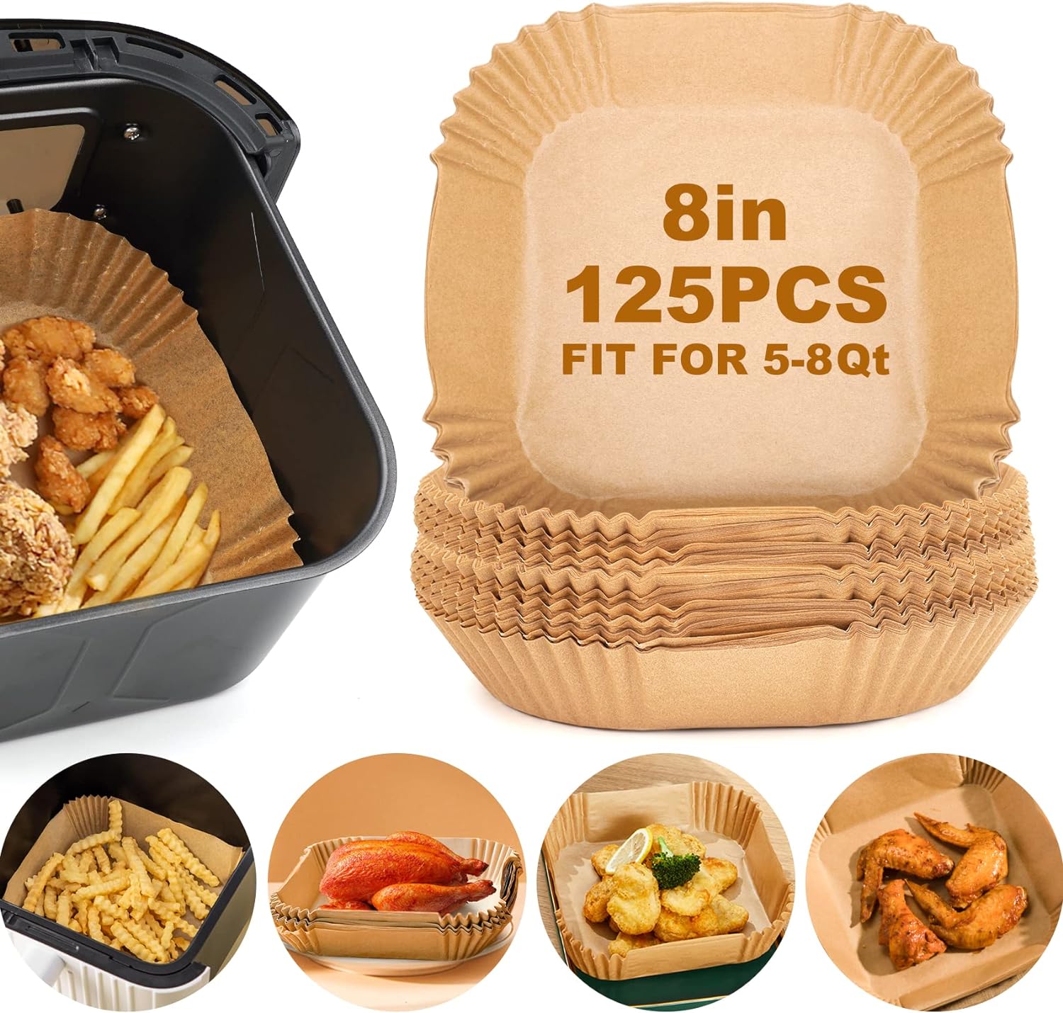 Air Fryer Paper Liners, 125Pcs Parchment Paper, Air Fryer Liners Disposable for Microwave, Non-Stick Air Fryer Liner Square Free of Bleach (8IN)