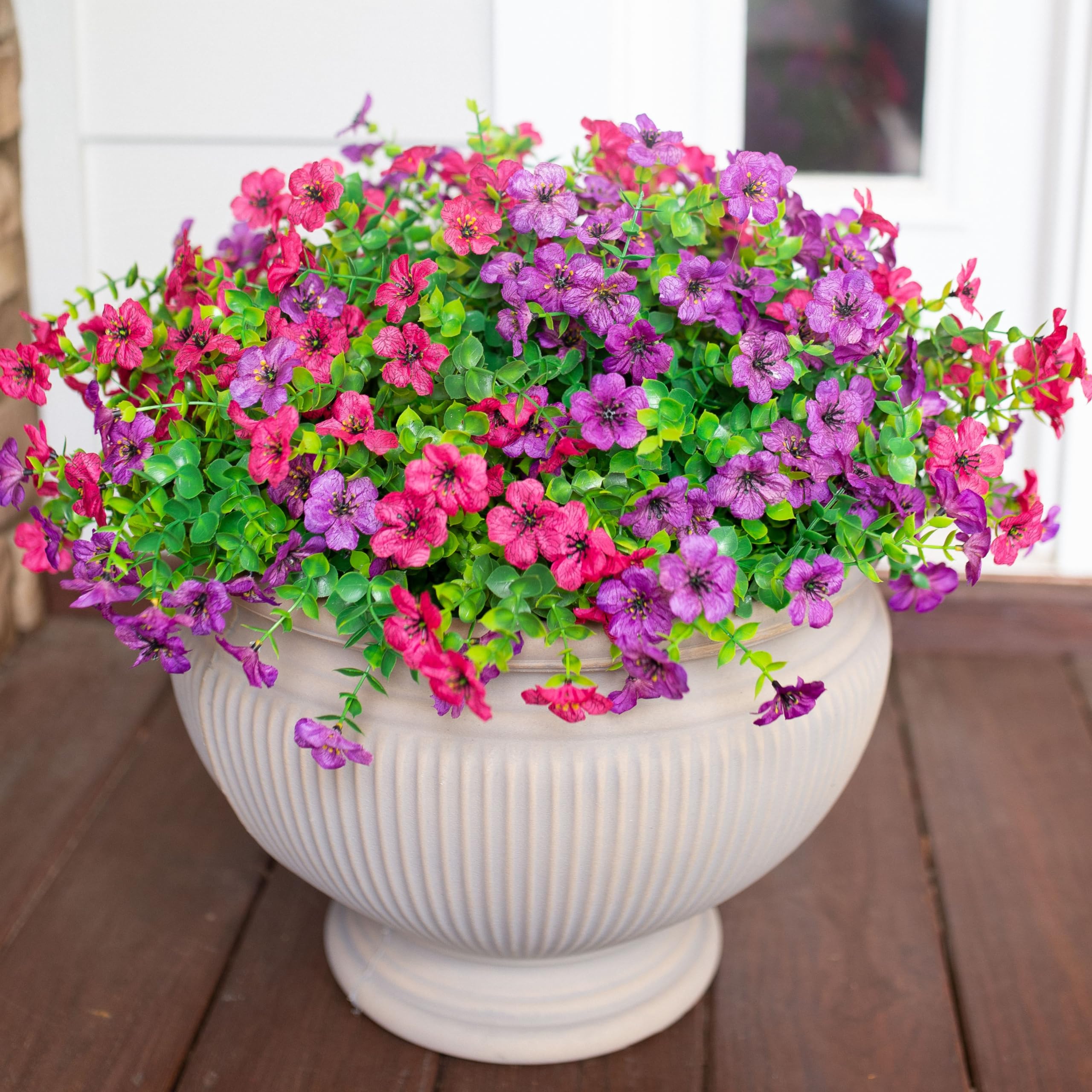 Artificial Flowers for Outdoor Indoor Garden Home Decoration, Faux Flower Daisy with Eucalyptus Leaves Fake Plants Greenery Boxwood Porch Patio, 12 Bundles (Mix Pink Red Purple Yellow)