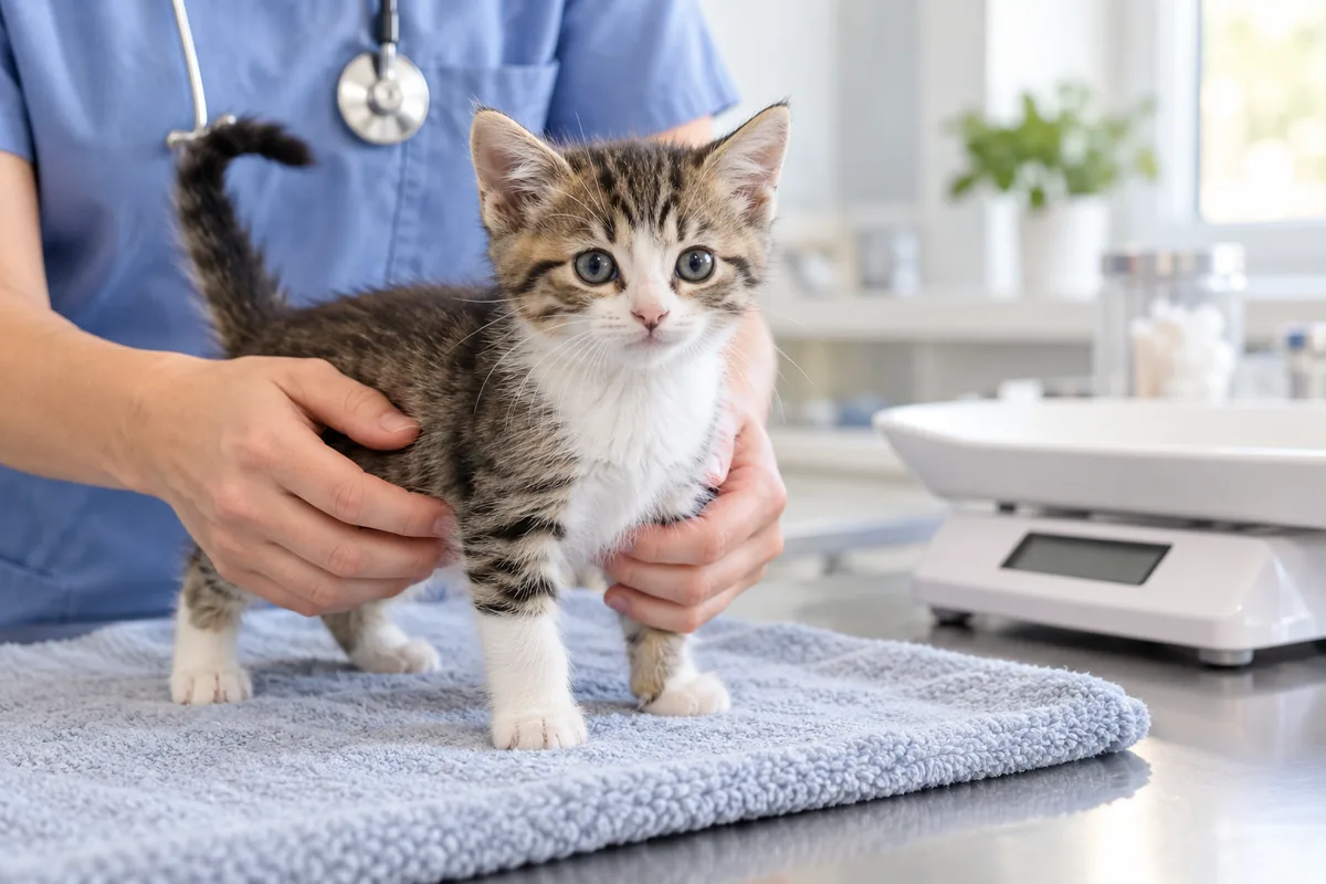 Young kitten standing on a veterinary exam table beside a scale