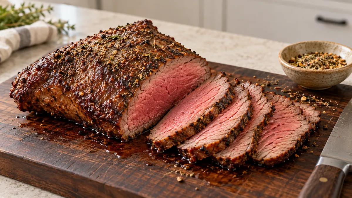 Sliced oven-roasted tri-tip on a cutting board