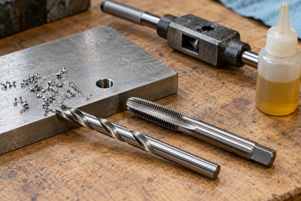 Drill bit for a 1/4-20 tap beside a tap wrench on a metal workbench