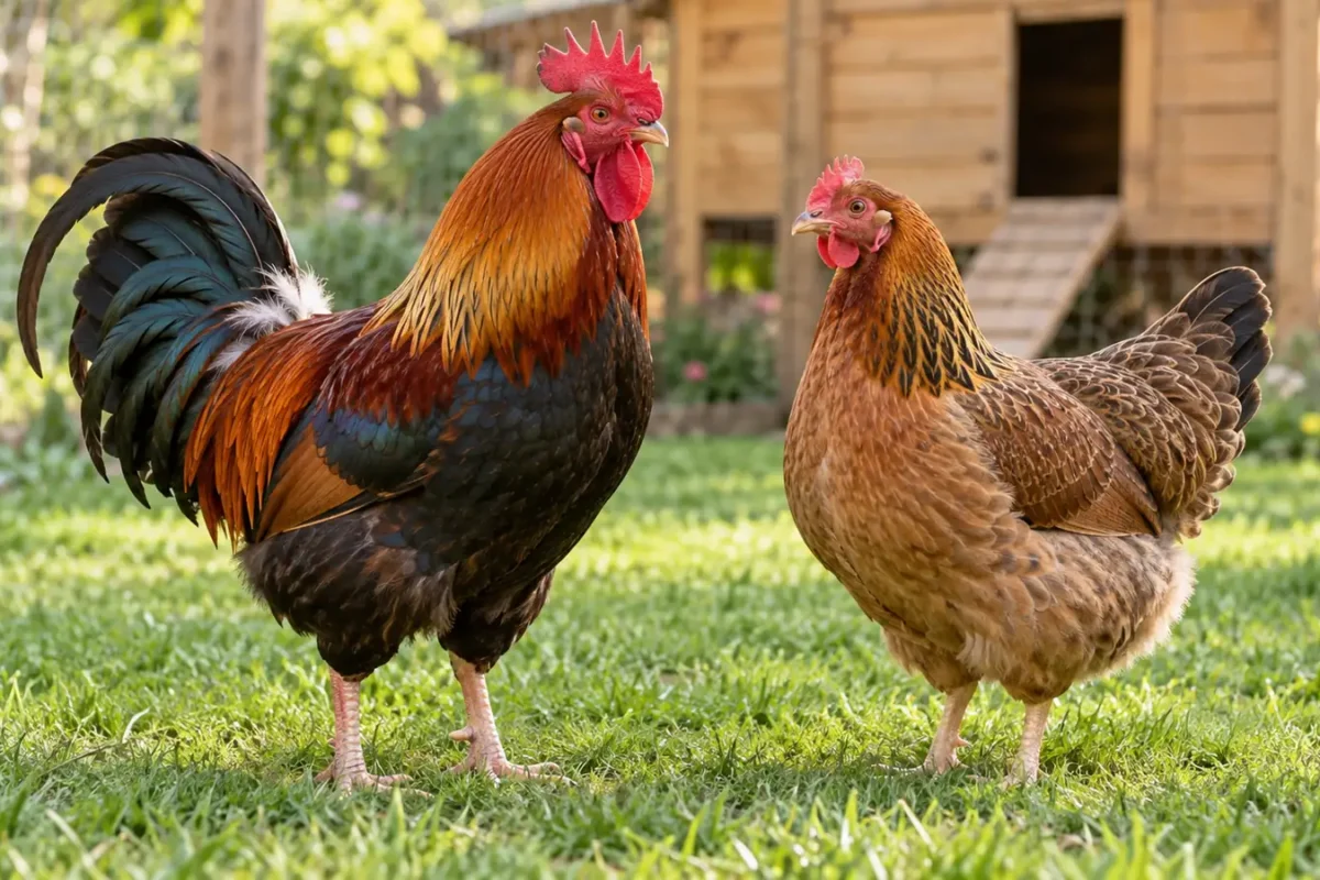 Adult rooster and hen standing side by side in a backyard chicken run
