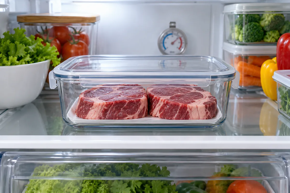Raw steaks sealed in a glass container on a refrigerator shelf