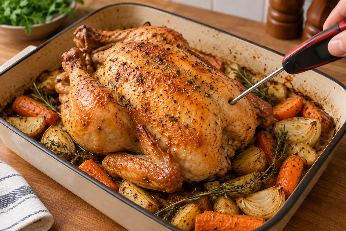 Roasted whole chicken being checked with an instant-read thermometer